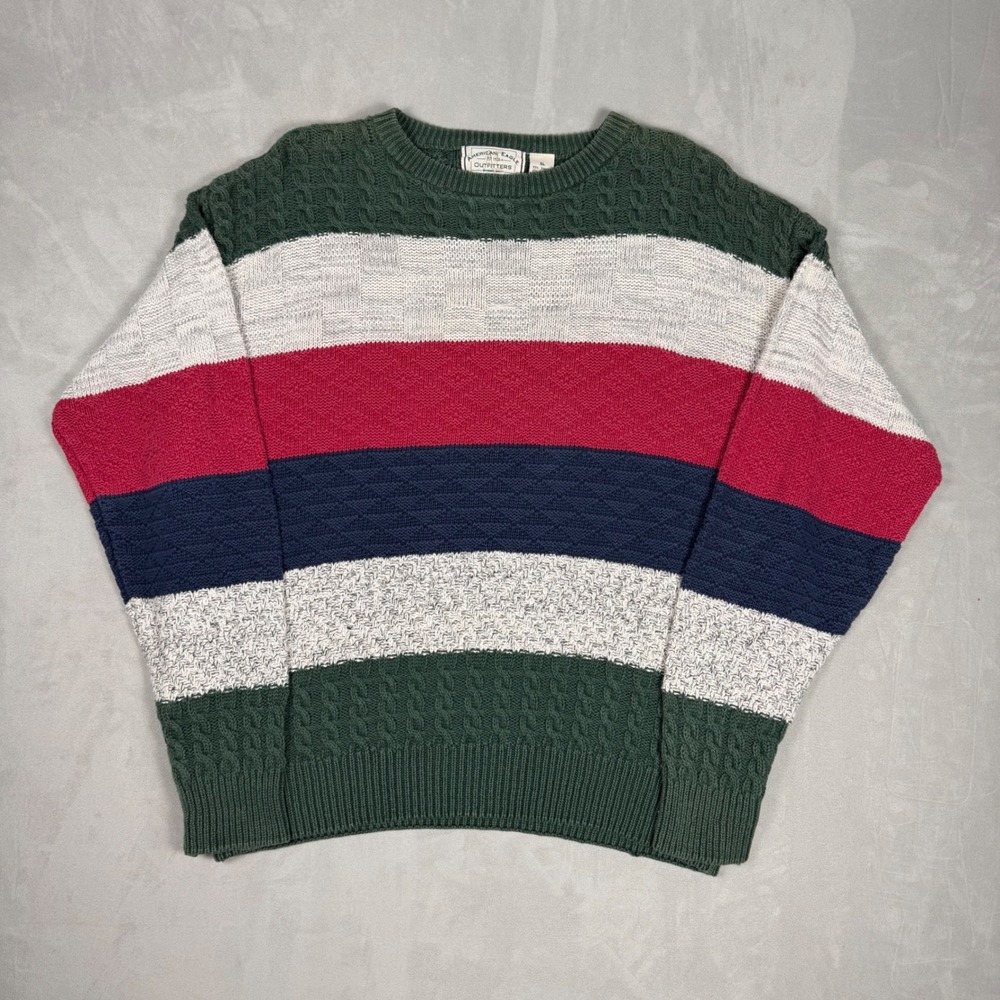 90s Mens American Eagle Striped Cable Knit Crewneck Sweater XL